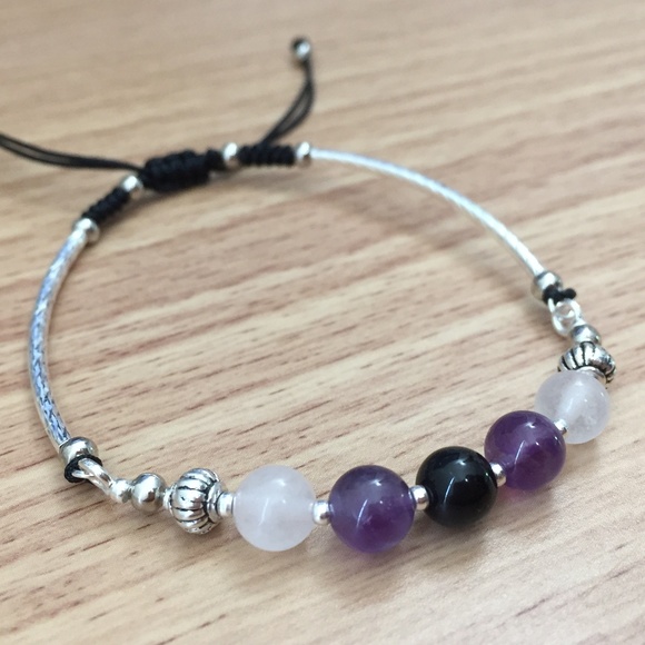 Rose Quartz, Amethyst & Onyx Shamballa Bracelet - Picture 3 of 4